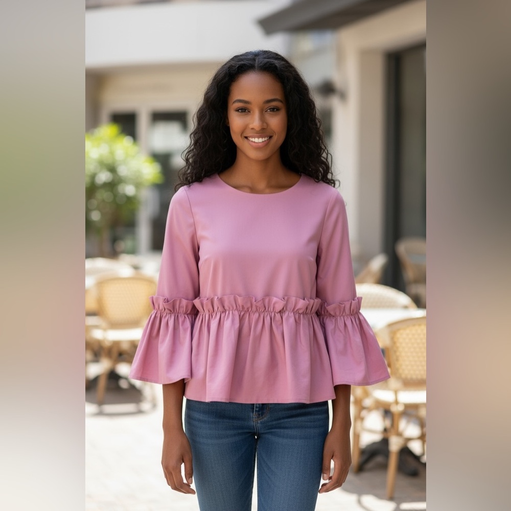 NWOT-Ted Baker London- Medium- 8-10 (3)Pleat Ruffle Blouse Top 3/4 Sleeve  Pink